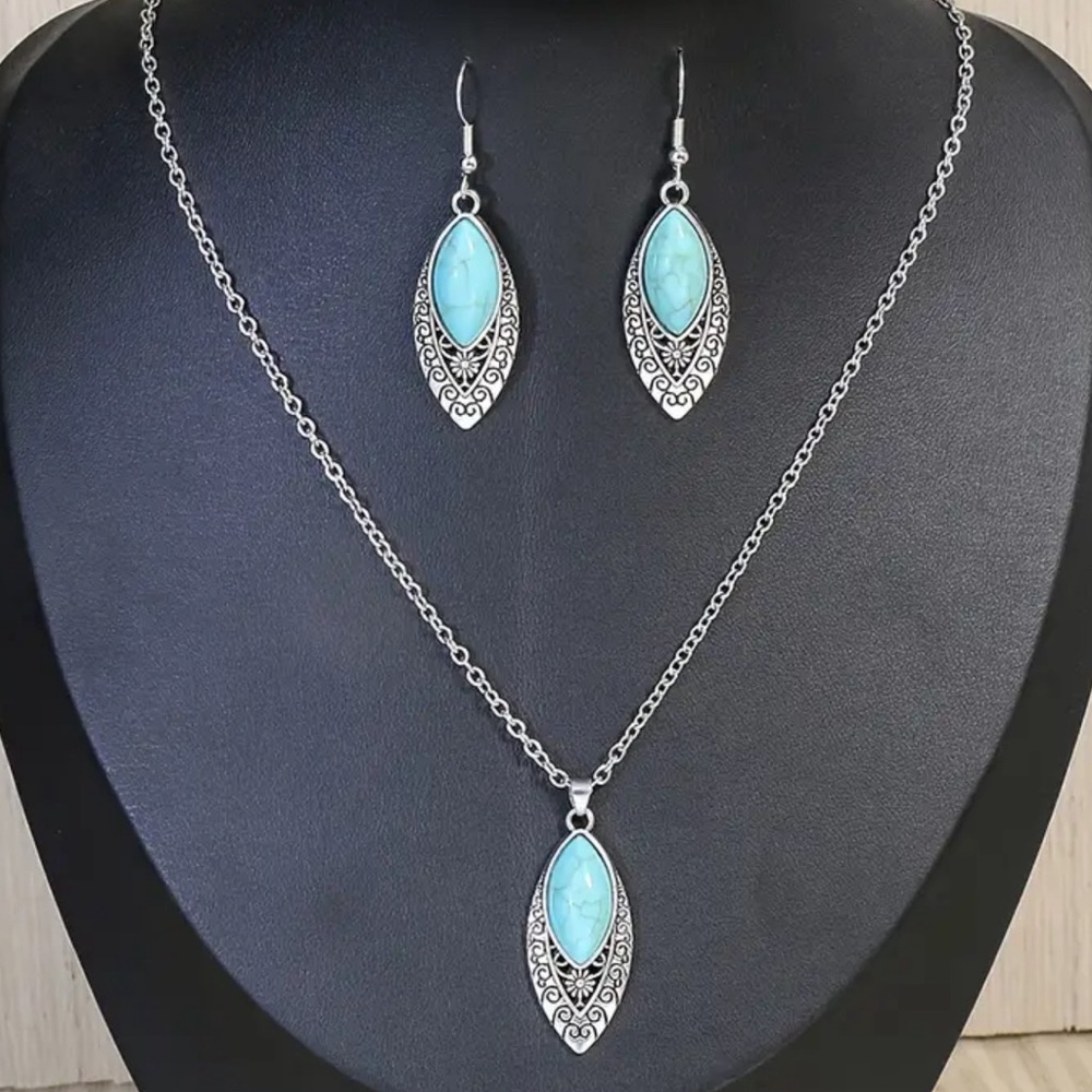 Elegant Silver and Turquoise Necklace and Earring Set - Picture 2 of 2